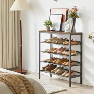 IBUYKE Industrial Shoe Rack, 5-Tier Shoe Organizer with 4 Metal Mesh Shelves, Unit Flat & Slant Adjustable Shoe Storage for 16 Pairs, for Entryway, Hallway, Bedroom, Closet, Rustic Brown, UTMJ083H