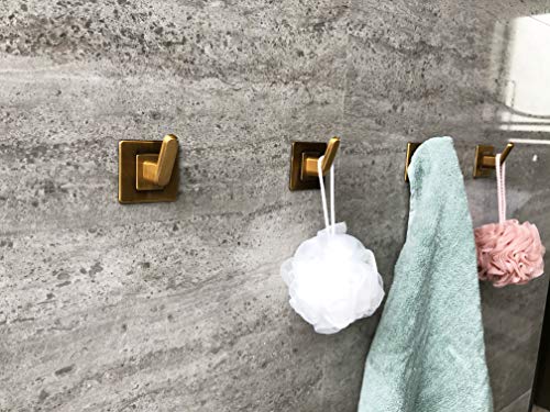 SDH Adhesive Hooks Heavy Duty Stick on Wall Hooks, Adhesive Towel Hooks, Waterproof Aluminum Decorative Coat Hooks for Bathroom, Bedroom & Hallway Organization, Pack of 4, Antique Brass Hooks