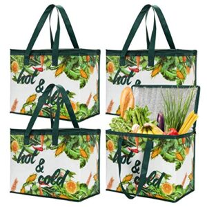 bekith 4 pack insulated reusable grocery bag, x large cooler bags, shopping tote with zippered top for hot and cold food transport, wine tote, drinks carrier, stands upright, collapsible