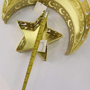 PTYQU 2 PCS Ramadan Kareem Iron Tray Decorations Moon Star Shaped Eid Mubarak Gift Box Dessert Tray Craft Islam Muslim Party Festival Table Decor