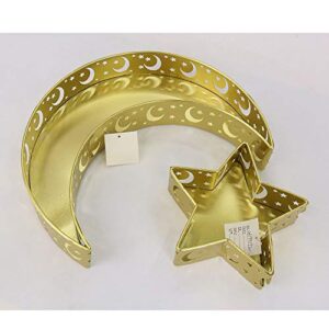 PTYQU 2 PCS Ramadan Kareem Iron Tray Decorations Moon Star Shaped Eid Mubarak Gift Box Dessert Tray Craft Islam Muslim Party Festival Table Decor