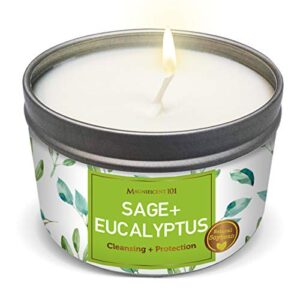 magnificent 101 long lasting sage + eucalyptus scented smudge candle | 6 oz - 35 hour burn | all natural & organic soy wax candle for energy cleansing & manifestation | fortify life's uncertain path