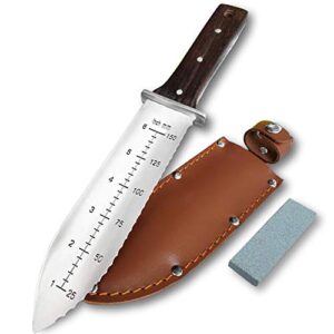 gonicc professional hori hori garden knife with leather sheath, protective handguard, high polished 440 stainless steel blade, sharpening stone included, for weeding, digging, pruning, and cultivating, gardening spades