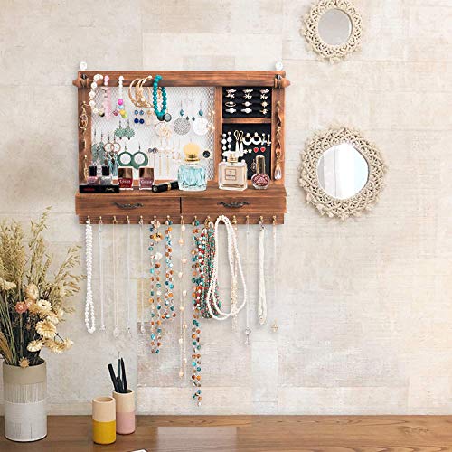 Dhmkfly Jewelry Wall Organizer Wall Mounted Jewelry Organizer Jewelry Hanger Display Rack Earring with Drawers, for Earring Stud Ring Necklace Bracelets Accessories Bangles Holder Girls Gift (brown)