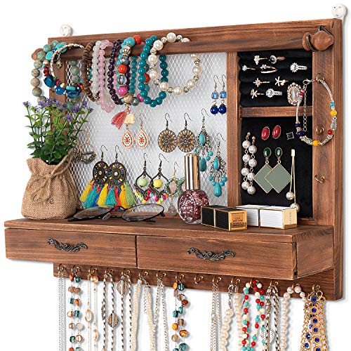 Dhmkfly Jewelry Wall Organizer Wall Mounted Jewelry Organizer Jewelry Hanger Display Rack Earring with Drawers, for Earring Stud Ring Necklace Bracelets Accessories Bangles Holder Girls Gift (brown)