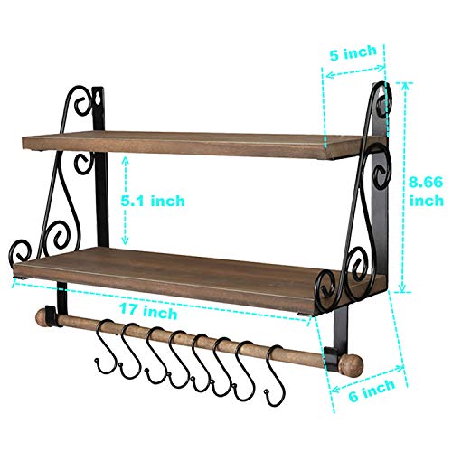 Hoanvi Floating Shelves with Towel Bar for Bathroom Décor Organizer, Wall Mount Shelves with 8 Hooks for Kitchen Spice Rack Storage, Wooden Wall Hanging Shelf for Bedroom, Living Room.(Rustic, 2-Tier)