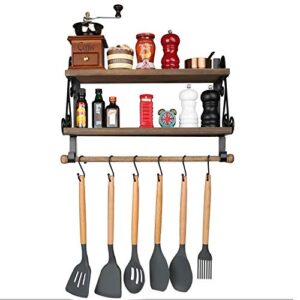 Hoanvi Floating Shelves with Towel Bar for Bathroom Décor Organizer, Wall Mount Shelves with 8 Hooks for Kitchen Spice Rack Storage, Wooden Wall Hanging Shelf for Bedroom, Living Room.(Rustic, 2-Tier)