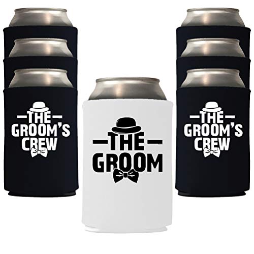 Veracco The Groom and The Grooms Crew Can Coolie Holder Bachelor Party Wedding Favors Gift For Groom Groomsmans Proposal (White Groom, Black GC, 12)