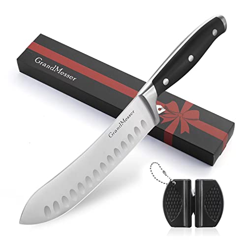 GrandMesser Butcher Knife, 7 inch Bullnose Knife, High Carbon German Stainless Steel Forging Meat Knife, Ergonomic ABS Handle Triple-riveted, with Gift Box and Knife Sharpener