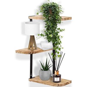 halter floating corner shelves, wall mounted corner shelves, hanging shelves, floating corner shelves with metal brackets for bathroom, bedroom, bookshelves and more, 3 tier, brown wood