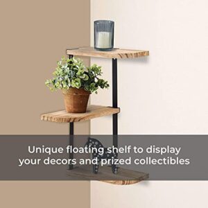 Halter Floating Corner Shelves, Wall Mounted Corner Shelves, Hanging Shelves, Floating Corner Shelves with Metal Brackets for Bathroom, Bedroom, Bookshelves and More, 3 Tier, Brown Wood