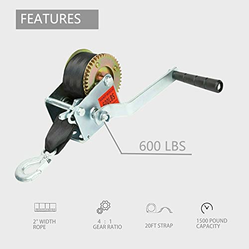 Fekuar 600lbs Hand Winch with 16FT Strap, Heavy Duty Hand Crank Gear Winch Portable Manual Winch for Trailer, Boat or ATV