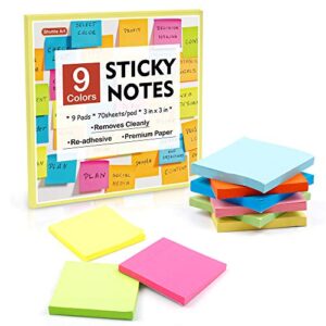 sticky notes, shuttle art 9 bright colors stickies, 9 pads 630 sheets total, 3x3 inches self-stick pads for home, school, office