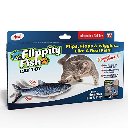 Ontel Flippity Fish Interactive Cat Toy with Catnip & Fishing Pole - Touch Activated, Rechargeable Pet Toy to Help Reduce Stress & Bad Behavior - As Seen on TV