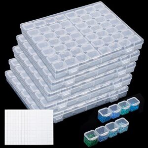 sghuo 280 slots 5 pack 56 grids diamond painting storage containers plastic 5d diamond embroidery storage box with 400pcs label stickers for sewing, nail diamonds, diamond painting accessories