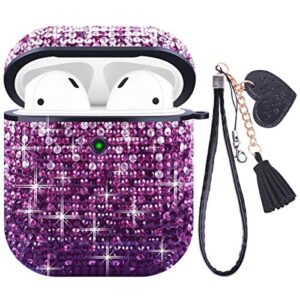valkit compatible airpods case, glitter diamond shining rhinestone airpods case cover hard shock proof protective case for girls women for apple airpods 2 & 1 - purple