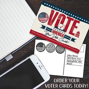 Vote Postcards Bulk - Your Vote Counts - Set of 100 - 4x6 Standard Size - US Flag Post Card Political Activism, Great Election Supplies, Fun and Eye-Catching Design Postcards for Family and Friends