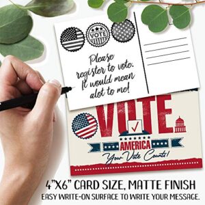 Vote Postcards Bulk - Your Vote Counts - Set of 100 - 4x6 Standard Size - US Flag Post Card Political Activism, Great Election Supplies, Fun and Eye-Catching Design Postcards for Family and Friends