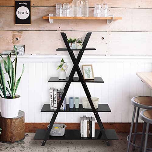 ZenStyle 4 Tier Bookshelf Storage Shelves, Bookcase Ladder Shelf Home Office A Frame Wooden Display Shelves for Potted Plant, Photos, Books Storage Organizer Rack