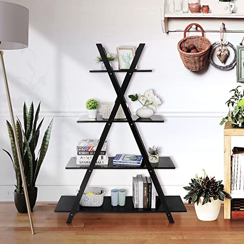 ZenStyle 4 Tier Bookshelf Storage Shelves, Bookcase Ladder Shelf Home Office A Frame Wooden Display Shelves for Potted Plant, Photos, Books Storage Organizer Rack