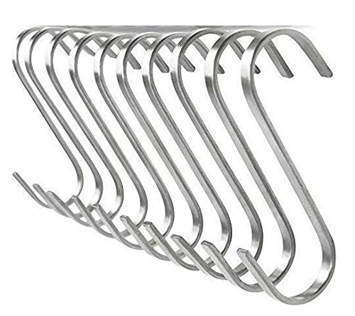 Large Brushed Stainless Flat S Hooks, Kitchen Utility Pot Pan Hanger - 10 Piece Set