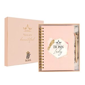 Boss Lady Notebooks for Women I Cute Spiral Journal Notebook with Diamond Pen by NINE ROYAL in a Gift Box - Rose Gold I Hard Cover, Thick and Lined Paper - Great Home or Office I Writing Journal