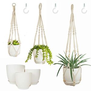 bouqlife 3 pack macrame plant hangers with pots hanging planters for indoor plants holders with trays & hooks 34" / 26" / 20"