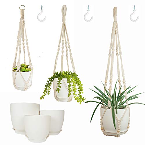 Bouqlife 3 Pack Macrame Plant Hangers with Pots Hanging Planters for Indoor Plants Holders with Trays & Hooks 34" / 26" / 20"