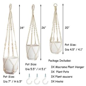 Bouqlife 3 Pack Macrame Plant Hangers with Pots Hanging Planters for Indoor Plants Holders with Trays & Hooks 34" / 26" / 20"