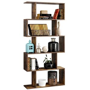 yusong bookshelf 5-tier, geometric bookcase s shaped book shelves for bedroom, modern industrial wood decorative display shelf book case for home office, rustic brown