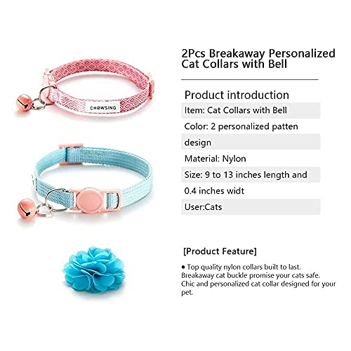 Nourse Chowsing 2Pcs Kitten Collars with Flower Breakaway Cat Collars with Bell Adjustable Strap Kitten Collars for Girls Safety Buckle Cat Collars