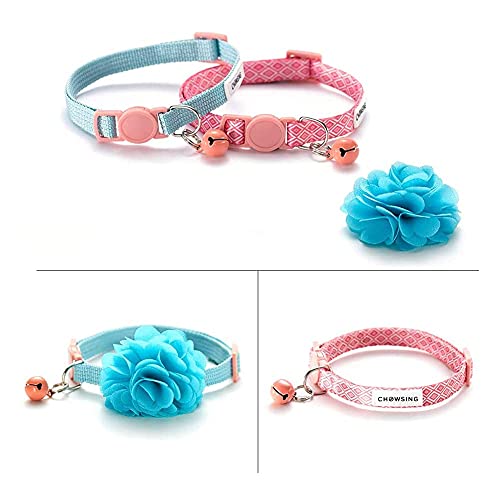 Nourse Chowsing 2Pcs Kitten Collars with Flower Breakaway Cat Collars with Bell Adjustable Strap Kitten Collars for Girls Safety Buckle Cat Collars