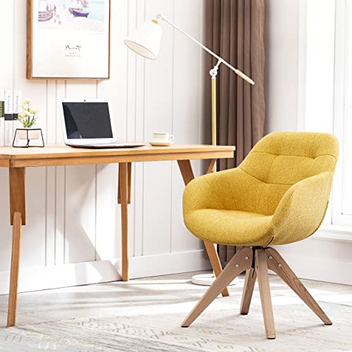 KINWELL 2022 Upgrade Swivel Armchair Contemporary Fabric Accent Chair Dining Chair Tufted Back with Sturdy Oak Wood Legs for Small Space Home Office Slim Adult, Yellow