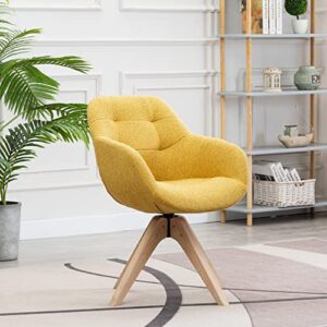 KINWELL 2022 Upgrade Swivel Armchair Contemporary Fabric Accent Chair Dining Chair Tufted Back with Sturdy Oak Wood Legs for Small Space Home Office Slim Adult, Yellow