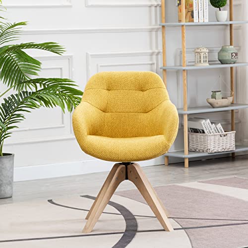 KINWELL 2022 Upgrade Swivel Armchair Contemporary Fabric Accent Chair Dining Chair Tufted Back with Sturdy Oak Wood Legs for Small Space Home Office Slim Adult, Yellow