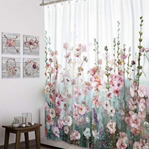 SUMGAR Colorful Flowers Shower Curtain for Bathroom Pink Floral Romantic Wildflower Plants Nature Scenery Decoration Curtain Set with Hooks, 72 x 72 inch