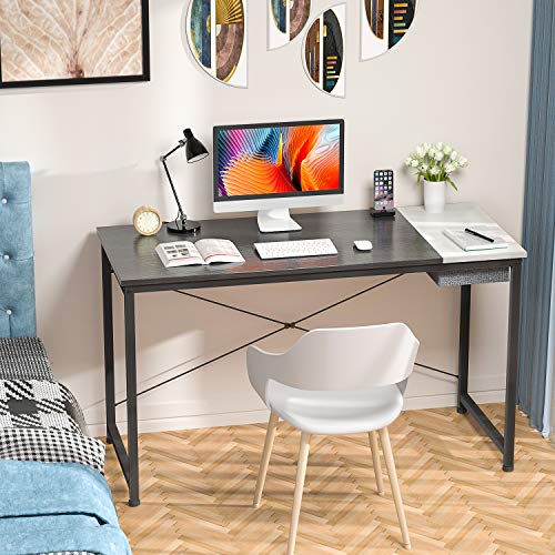 Foxemart Computer Desk, 47 Inch Study Writing Desk for Home Office Workstation, Modern Simple Style Laptop Table with Storage Bag/Drawer, Black and White