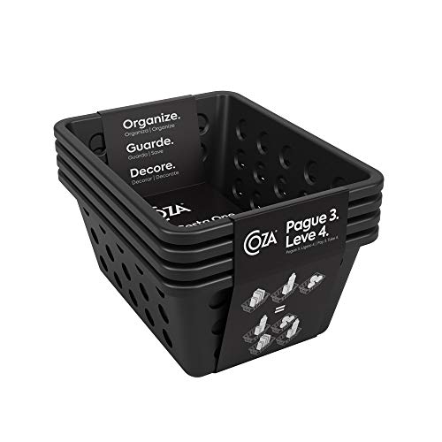 Coza- Commercial Grade Thick Plastic Storage Basket- Set of 4 (Black, Large)