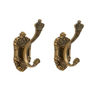 SDH Rustic Coat Hooks - Wall Mounted Towel Hooks - Aluminum Heavy Duty Wall Hooks for Hanging Coats Purse Bags & Clothes in Bathroom & Hallway, Crown Themed Pack of 2 Antique Brass Utility Hooks