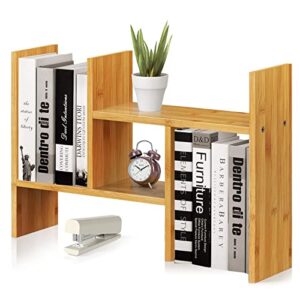 pipishell bamboo desktop shelf organizer, adjustable shelves storage rack for desk, expandable wooden display stand shelf, art office supplies decor