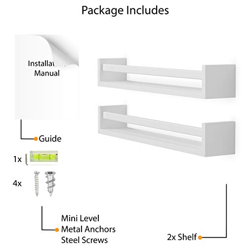 Wallniture Utah 24" Bookshelf for Kids Room Decor, White Floating Shelves for Kitchen, Bathroom Storage Set of 2