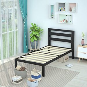 Amazon Basics Industrial Metal Bed Frame with Headboard and Wood Slats, 14 Inches High, Twin, Black