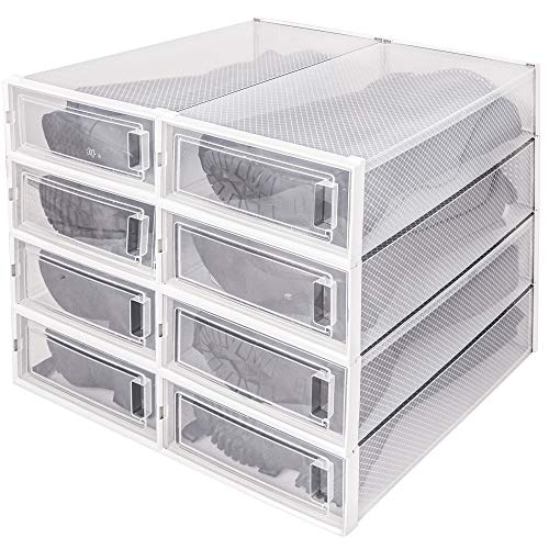 WAYTRIM Stackable Boots Storage Box,8 Pack Foldable Boots Box Organizer and Storage Boots box Clear Plastic Storage Bins Shoe Container Drop Front Shoe Drawers For Boots,White