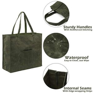 Kaaltisy Waxed Canvas Reusable Grocery Bag Heavy Duty Waterproof Shopping Bag Well Self-standing Durable Farmers Market Bag, Wide, Hard Handfeel