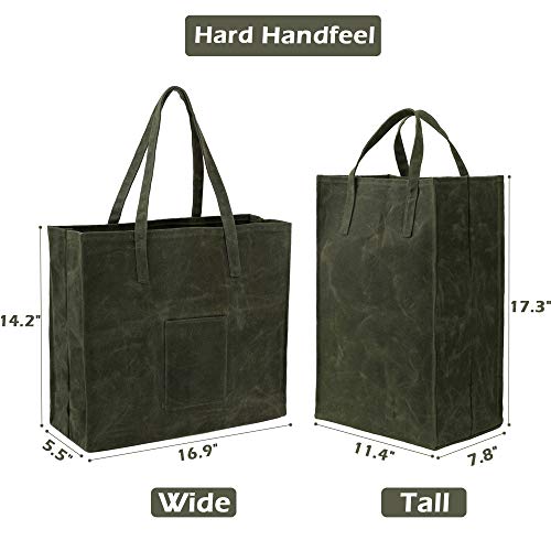 Kaaltisy Waxed Canvas Reusable Grocery Bag Heavy Duty Waterproof Shopping Bag Well Self-standing Durable Farmers Market Bag, Wide, Hard Handfeel