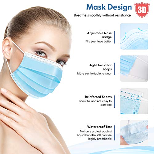 HDFK Face Mask Disposable Adults 3Ply Non-Woven with Nose Clip Ear Loop Blue 50Pack