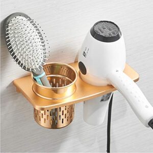 hair dryer holder with cup households rack hair blow dryer shelf metal wall mount bathroom accessories hair dryer rack (gold)