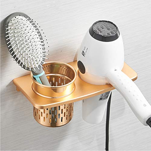 Hair Dryer Holder with Cup Households Rack Hair Blow Dryer Shelf Metal Wall Mount Bathroom Accessories Hair Dryer Rack (Gold)