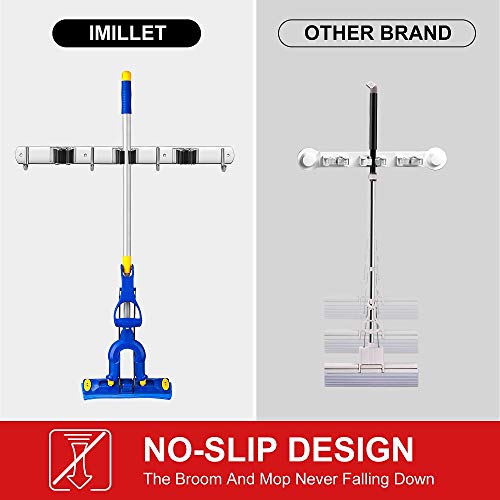 IMILLET 2 Pack Broom and Mop Holder Wall Mounted, Stainless Steel Broom Holder Mop Holder Self Adhesive Heavy Duty Hooks Storage Organizer for Home Laundry Room Garden Garage Closet Kitchen