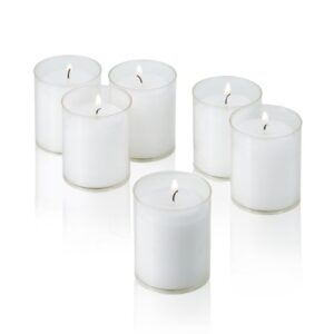 20 pc 24 hour burn white votive candles unscented in clear plastic cups | long lasting plain votive candles bulk